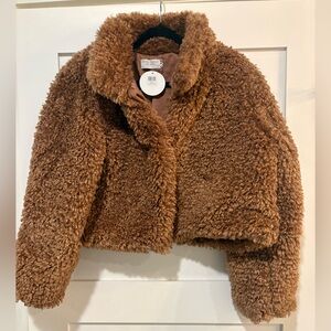 Dress Forum Plush Teddy Cropped Jacket in Camel Brown NWT Sz L